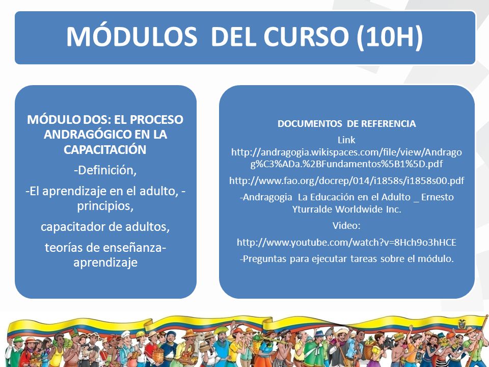MÓDULOS DEL CURSO (10H) MÓDULO DOS: EL PROCESO ANDRAGÓGICO EN LA CAPACITACIÓN. -Definición, -El aprendizaje en el adulto, -principios,