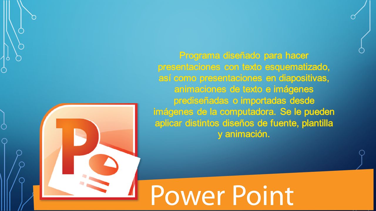 Programa diseñado para hacer presentaciones con texto esquematizado, así como presentaciones en diapositivas, animaciones de texto e imágenes prediseñadas o importadas desde imágenes de la computadora.