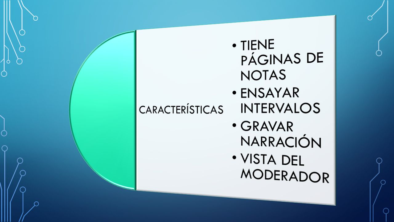 CARACTERÍSTICAS TIENE PÁGINAS DE NOTAS ENSAYAR INTERVALOS GRAVAR NARRACIÓN VISTA DEL MODERADOR