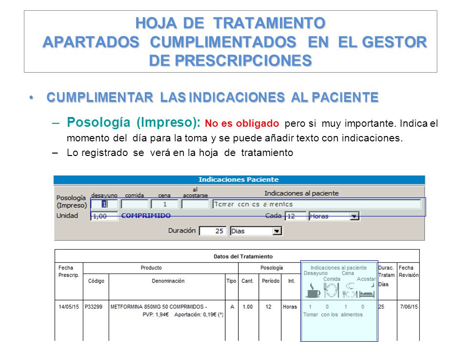 HOJA DE TRATAMIENTO APARTADOS CUMPLIMENTADOS EN EL GESTOR DE PRESCRIPCIONES