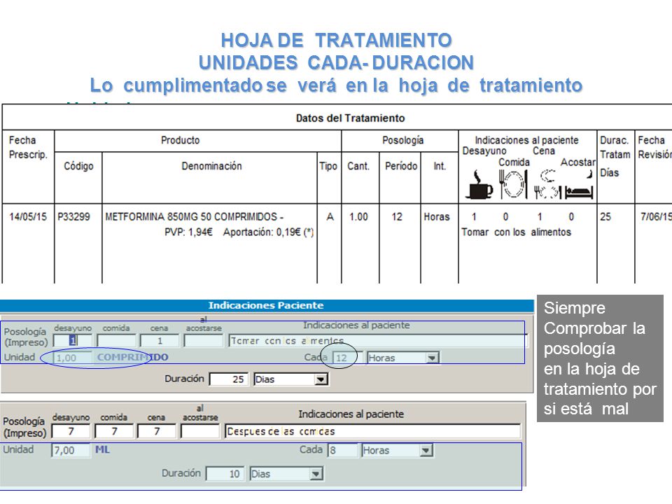 HOJA DE TRATAMIENTO UNIDADES CADA- DURACION Lo cumplimentado se verá en la hoja de tratamiento