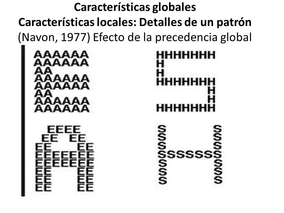 Características globales Características locales: Detalles de un patrón (Navon, 1977) Efecto de la precedencia global