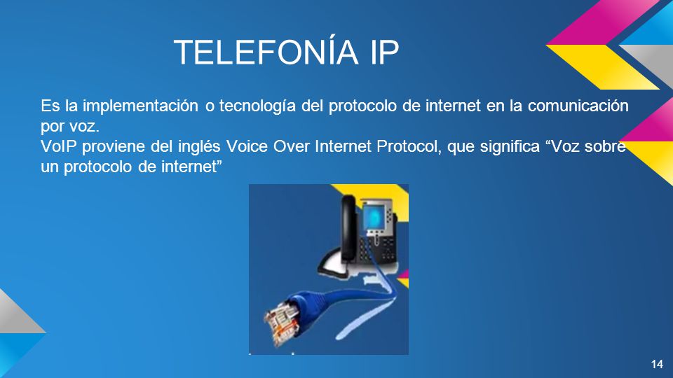 TELEFONÍA IP Es la implementación o tecnología del protocolo de internet en la comunicación por voz.