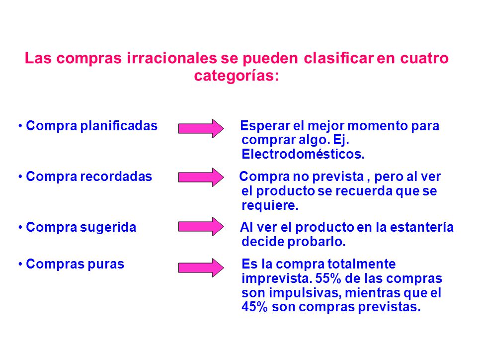 Las compras irracionales se pueden clasificar en cuatro categorías: