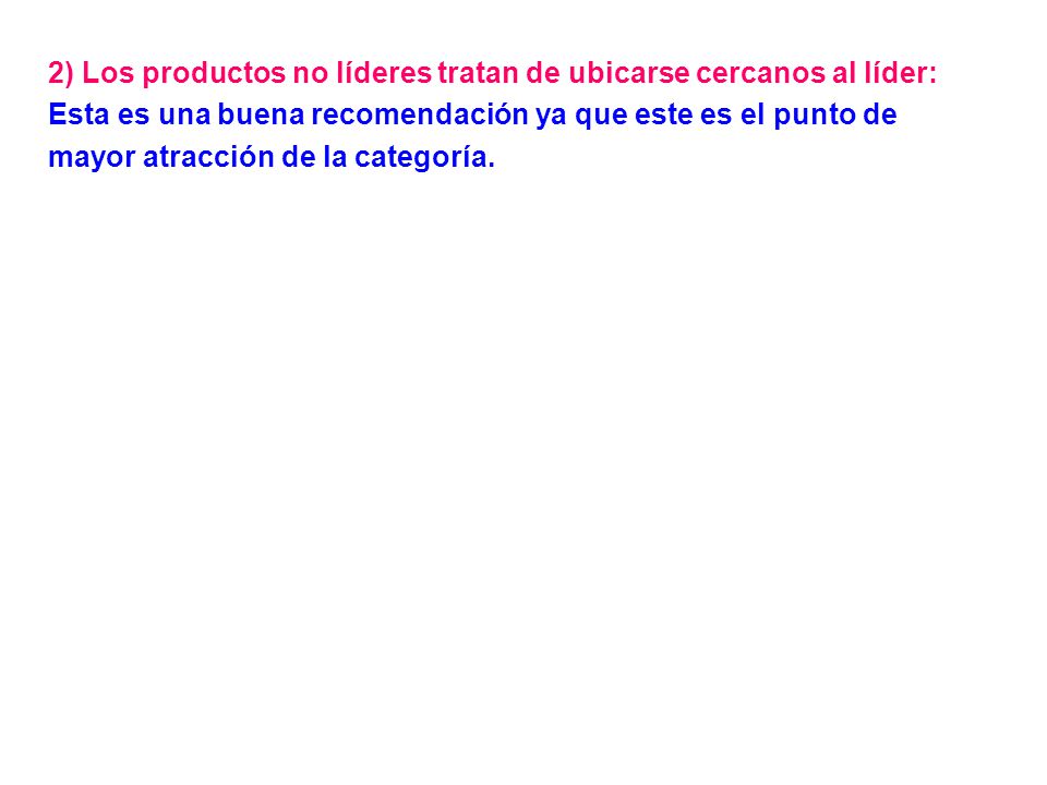 2) Los productos no líderes tratan de ubicarse cercanos al líder: Esta es una buena recomendación ya que este es el punto de mayor atracción de la categoría.