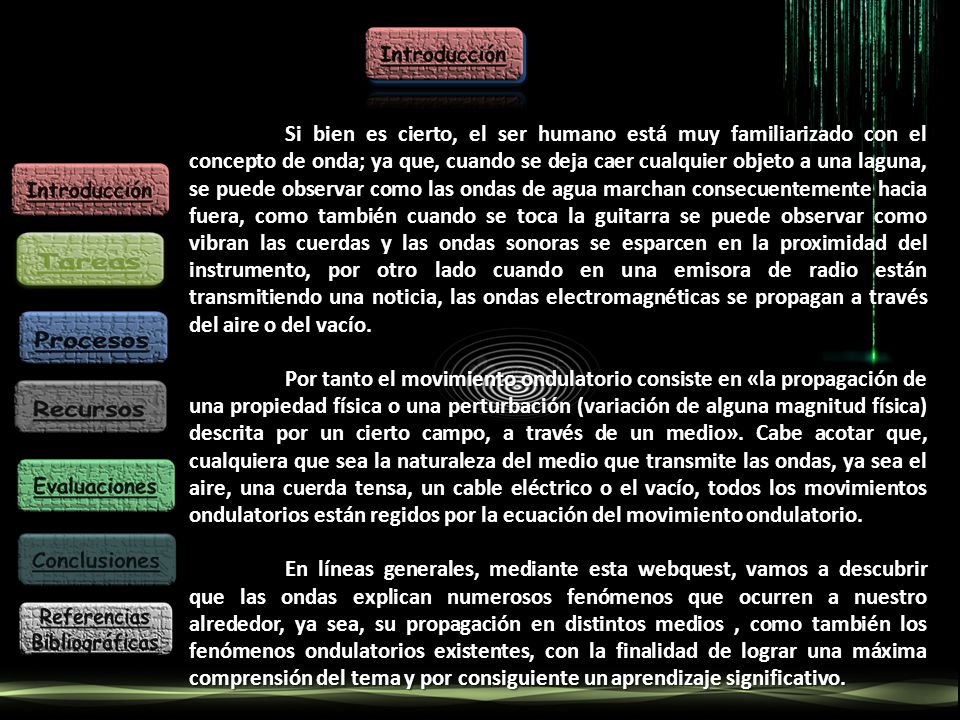 Si bien es cierto, el ser humano está muy familiarizado con el concepto de onda; ya que, cuando se deja caer cualquier objeto a una laguna, se puede observar como las ondas de agua marchan consecuentemente hacia fuera, como también cuando se toca la guitarra se puede observar como vibran las cuerdas y las ondas sonoras se esparcen en la proximidad del instrumento, por otro lado cuando en una emisora de radio están transmitiendo una noticia, las ondas electromagnéticas se propagan a través del aire o del vacío.