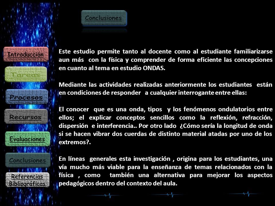 Este estudio permite tanto al docente como al estudiante familiarizarse aun más con la física y comprender de forma eficiente las concepciones en cuanto al tema en estudio ONDAS.