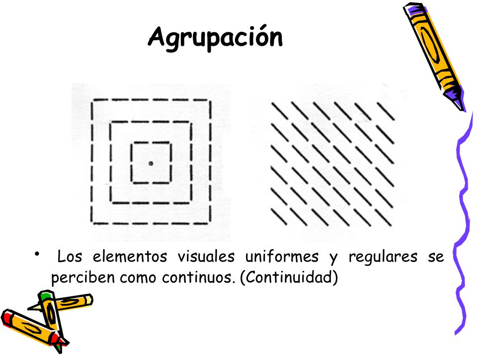 Agrupación Los elementos visuales uniformes y regulares se perciben como continuos. (Continuidad)