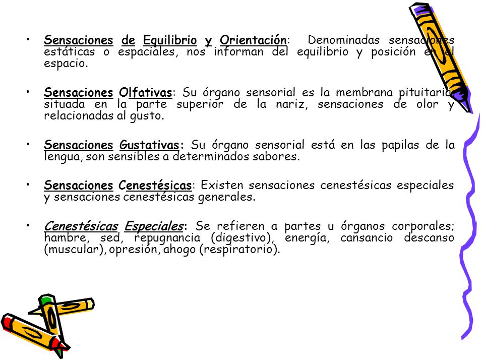 Sensaciones de Equilibrio y Orientación: Denominadas sensaciones estáticas o espaciales, nos informan del equilibrio y posición en el espacio.