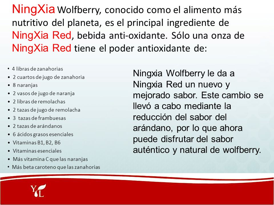NingXia Wolfberry, conocido como el alimento más nutritivo del planeta, es el principal ingrediente de NingXia Red, bebida anti-oxidante. Sólo una onza de NingXia Red tiene el poder antioxidante de: