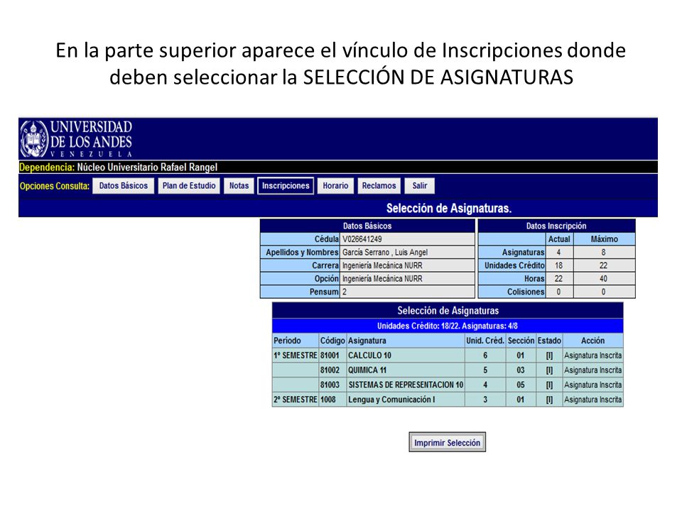 En la parte superior aparece el vínculo de Inscripciones donde deben seleccionar la SELECCIÓN DE ASIGNATURAS