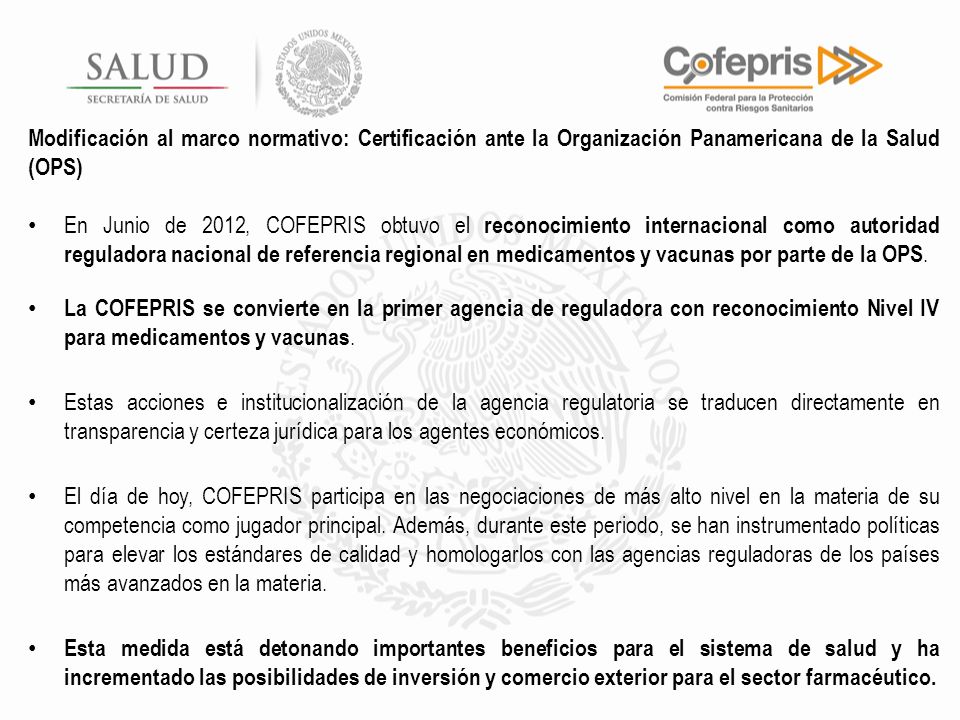 Modificación al marco normativo: Certificación ante la Organización Panamericana de la Salud (OPS)