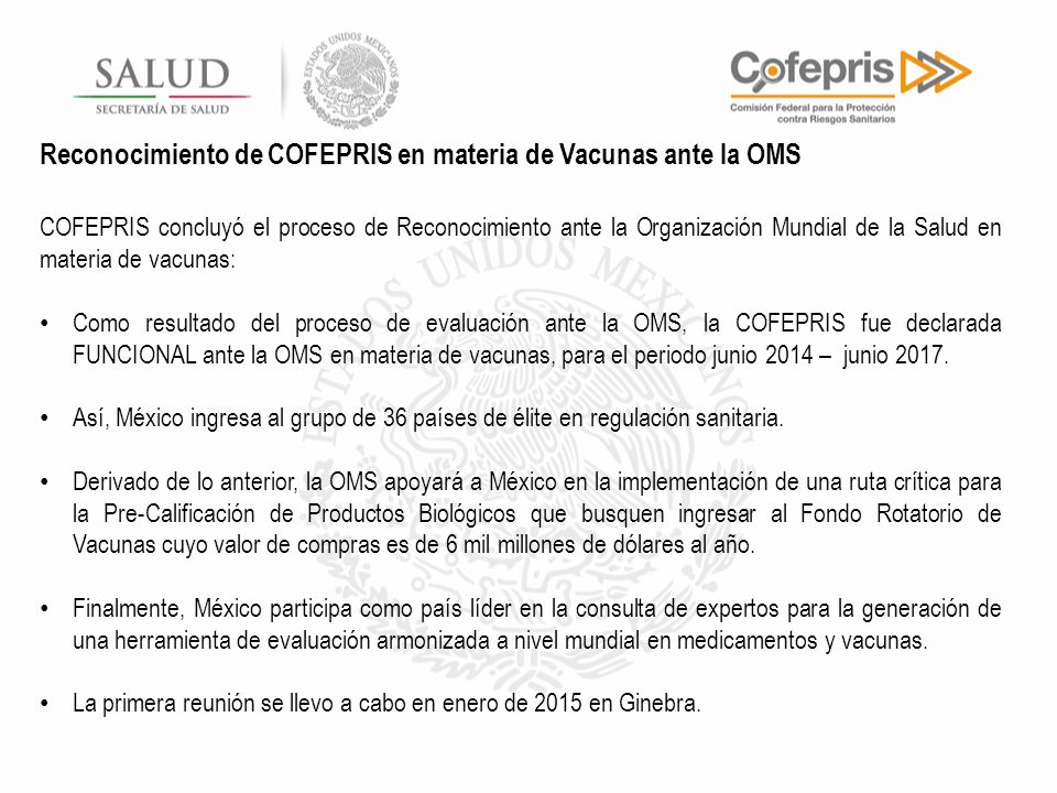 Reconocimiento de COFEPRIS en materia de Vacunas ante la OMS