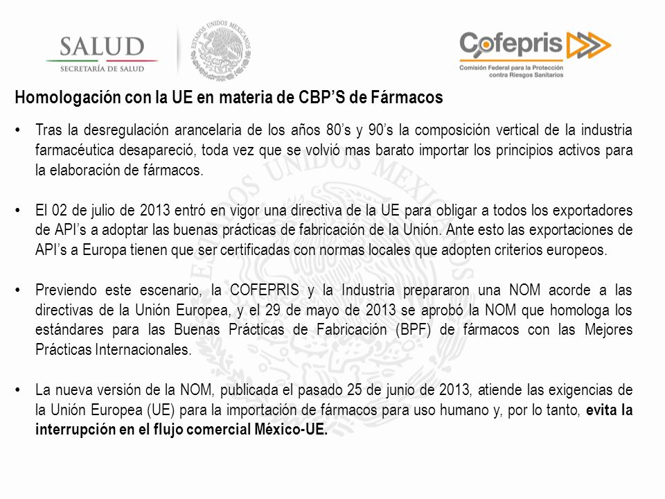 Homologación con la UE en materia de CBP’S de Fármacos