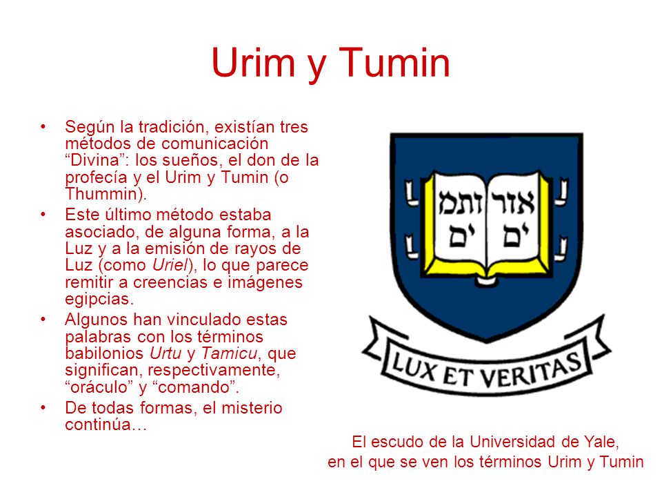 Urim y Tumin Según la tradición, existían tres métodos de comunicación Divina : los sueños, el don de la profecía y el Urim y Tumin (o Thummin).