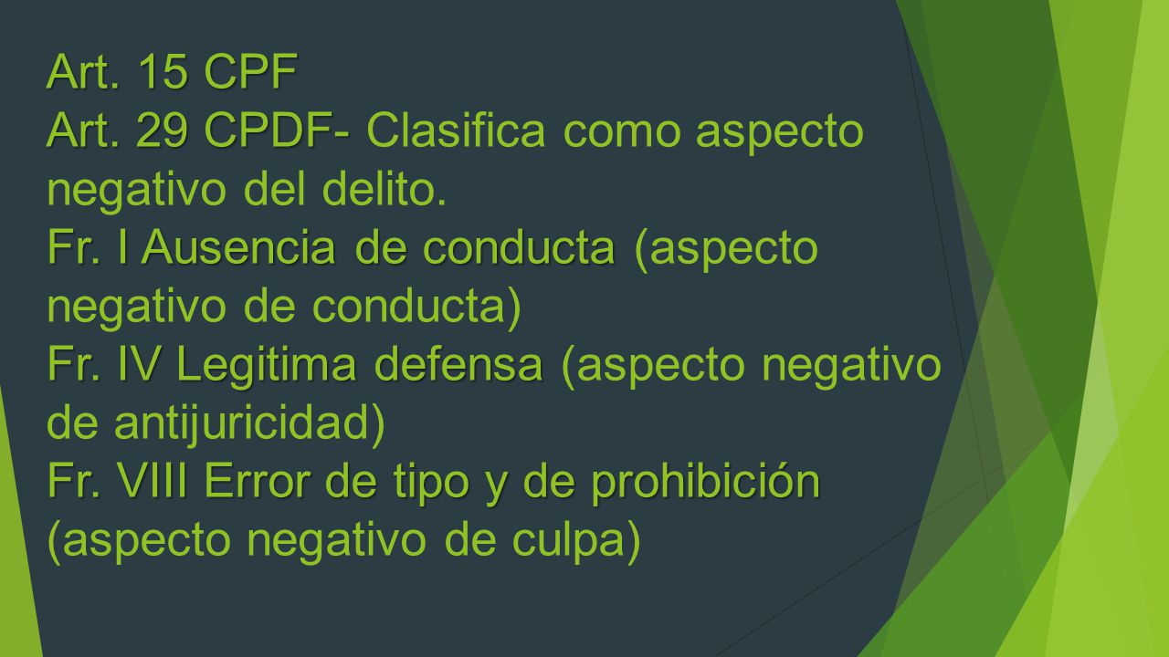 Art. 15 CPF Art. 29 CPDF- Clasifica como aspecto negativo del delito