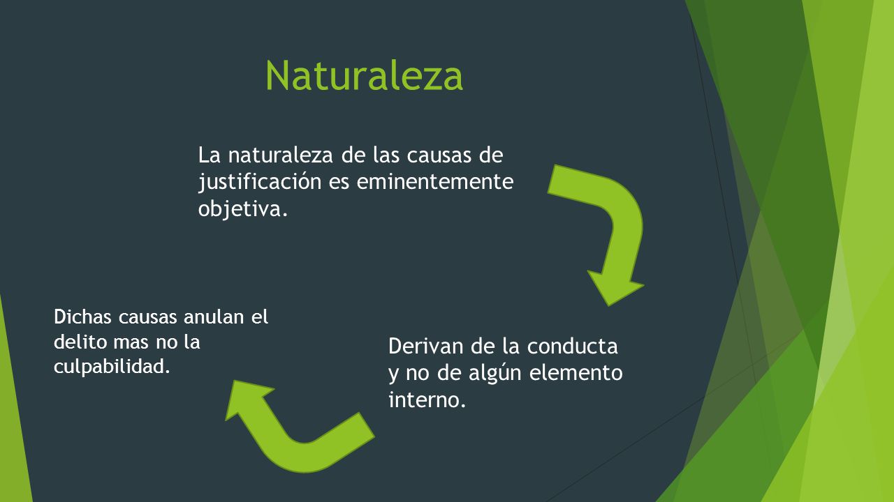 Naturaleza La naturaleza de las causas de justificación es eminentemente objetiva. Dichas causas anulan el delito mas no la culpabilidad.