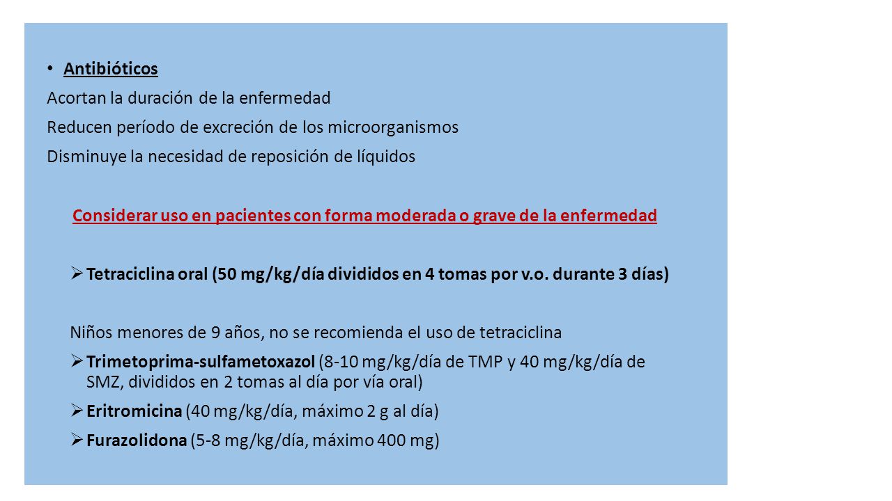 Antibióticos Acortan la duración de la enfermedad. Reducen período de excreción de los microorganismos.