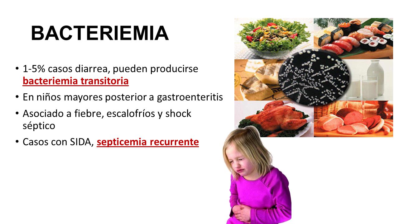 BACTERIEMIA 1-5% casos diarrea, pueden producirse bacteriemia transitoria. En niños mayores posterior a gastroenteritis.