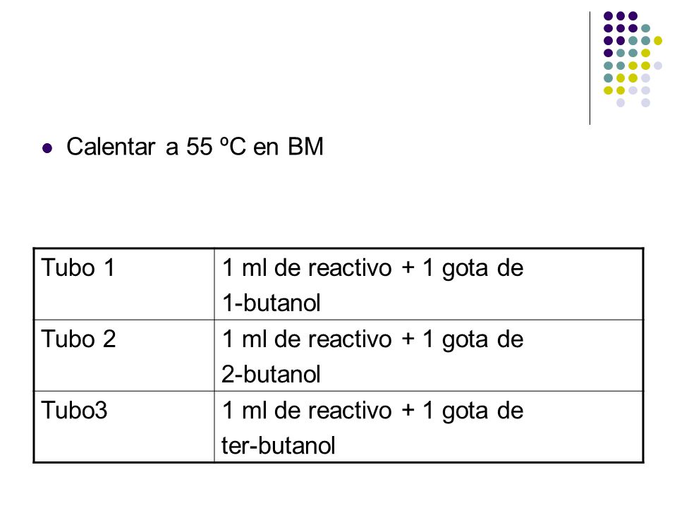 Calentar a 55 ºC en BM Tubo 1. 1 ml de reactivo + 1 gota de. 1-butanol. Tubo 2. 2-butanol. Tubo3.