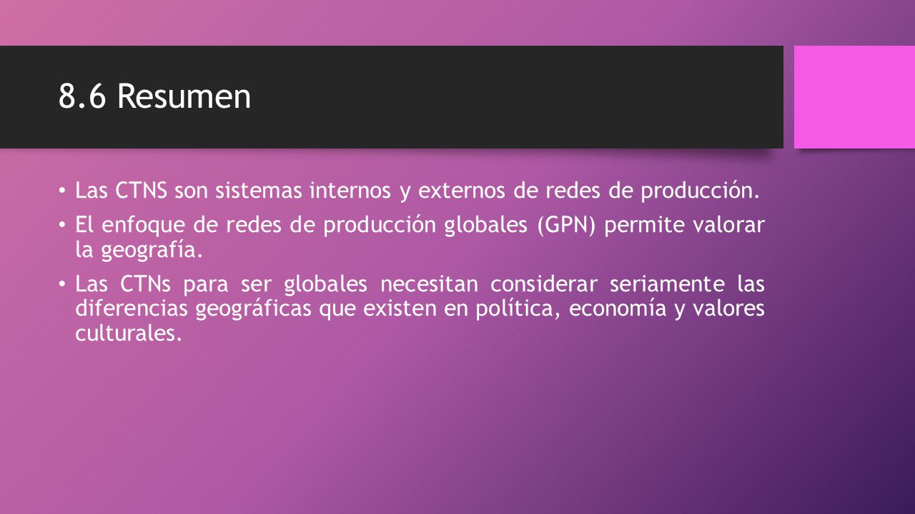 8.6 Resumen Las CTNS son sistemas internos y externos de redes de producción.