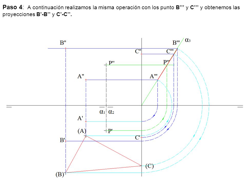 Paso 4: A continuación realizamos la misma operación con los punto B’’’ y C’’’ y obtenemos las proyecciones B’-B’’ y C’-C’’.