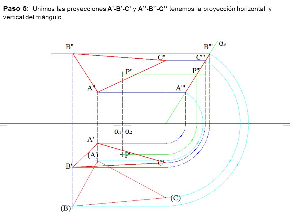Paso 5: Unimos las proyecciones A’-B’-C’ y A’’-B’’-C’’ tenemos la proyección horizontal y vertical del triángulo.