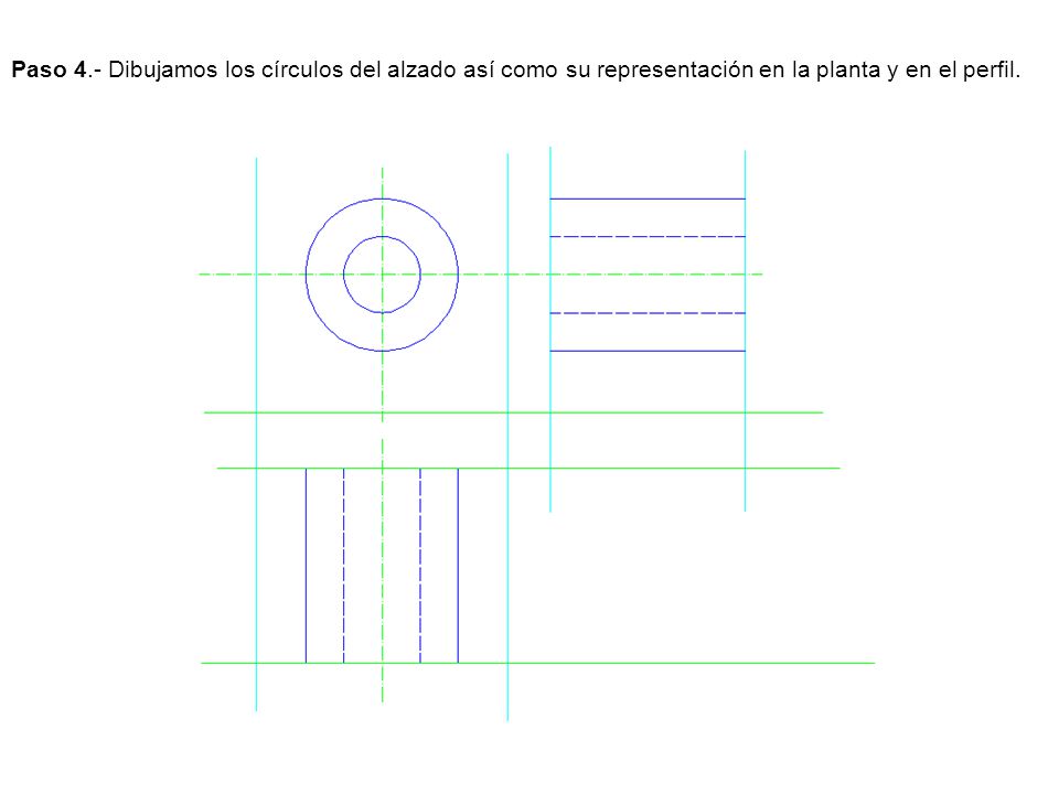 Paso 4.- Dibujamos los círculos del alzado así como su representación en la planta y en el perfil.
