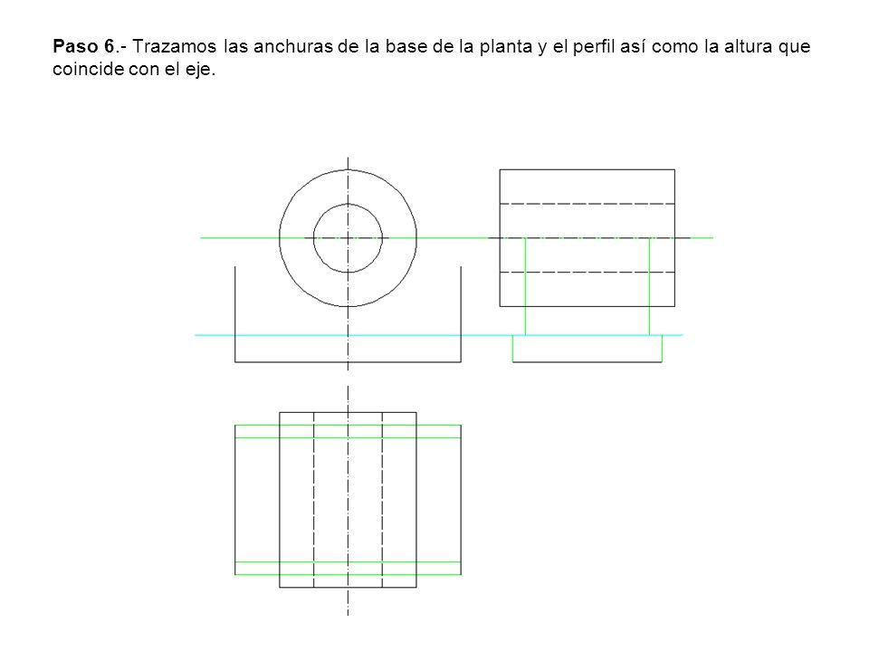 Paso 6.- Trazamos las anchuras de la base de la planta y el perfil así como la altura que coincide con el eje.