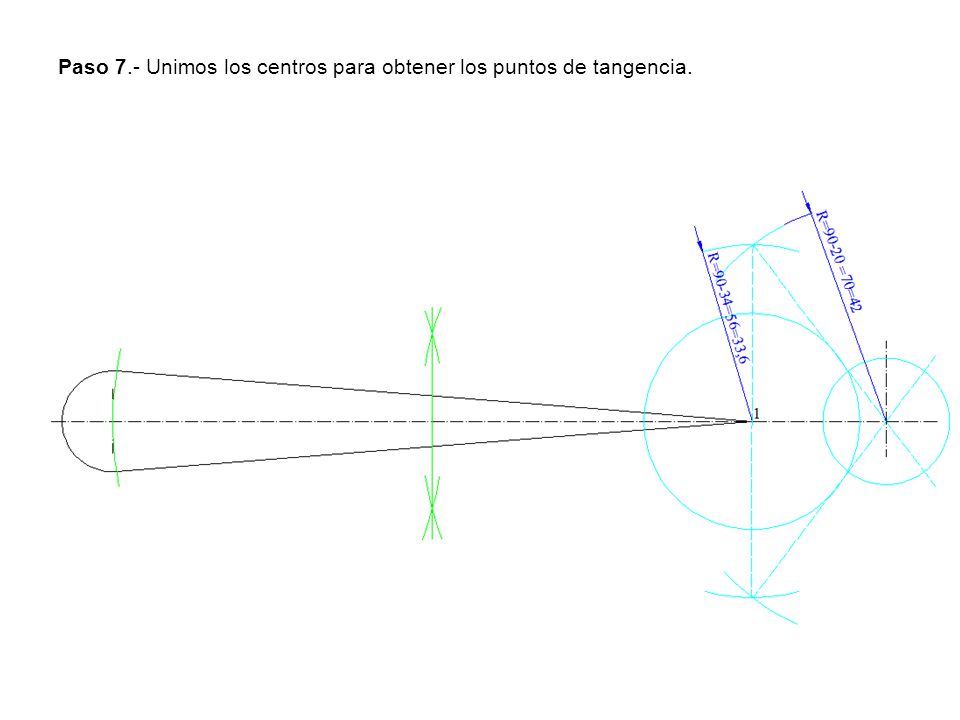 Paso 7.- Unimos los centros para obtener los puntos de tangencia.