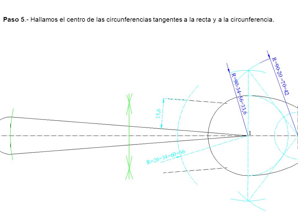 Paso 5.- Hallamos el centro de las circunferencias tangentes a la recta y a la circunferencia.