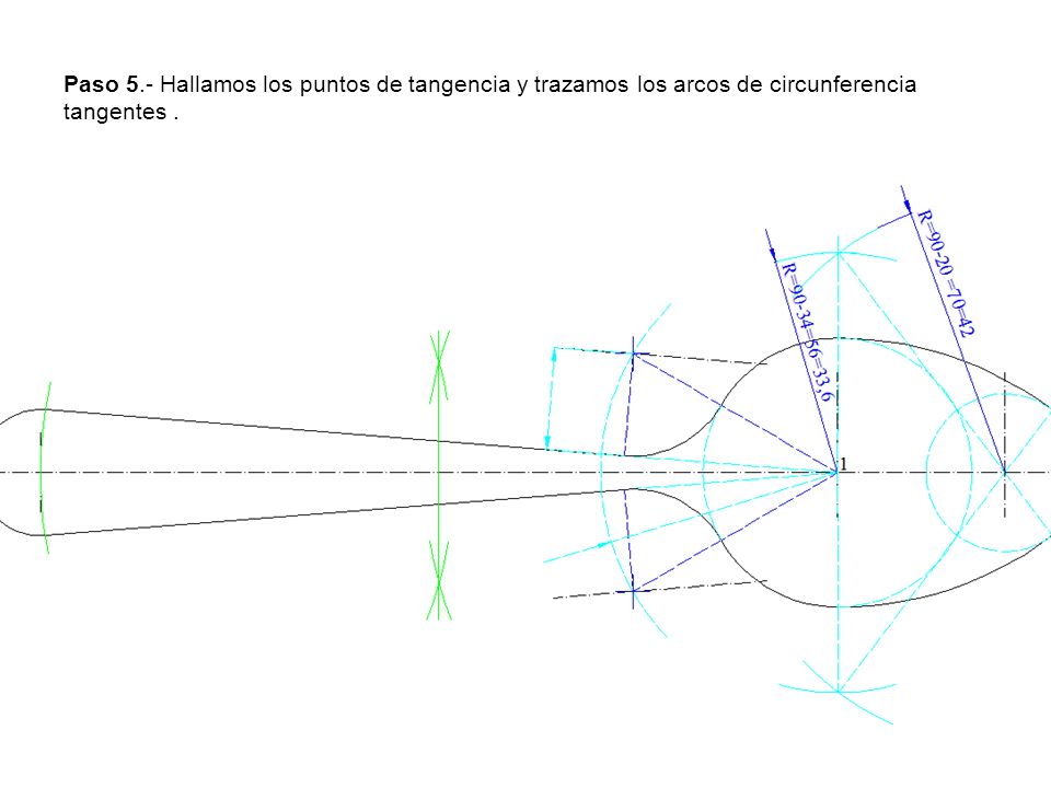 Paso 5.- Hallamos los puntos de tangencia y trazamos los arcos de circunferencia tangentes .
