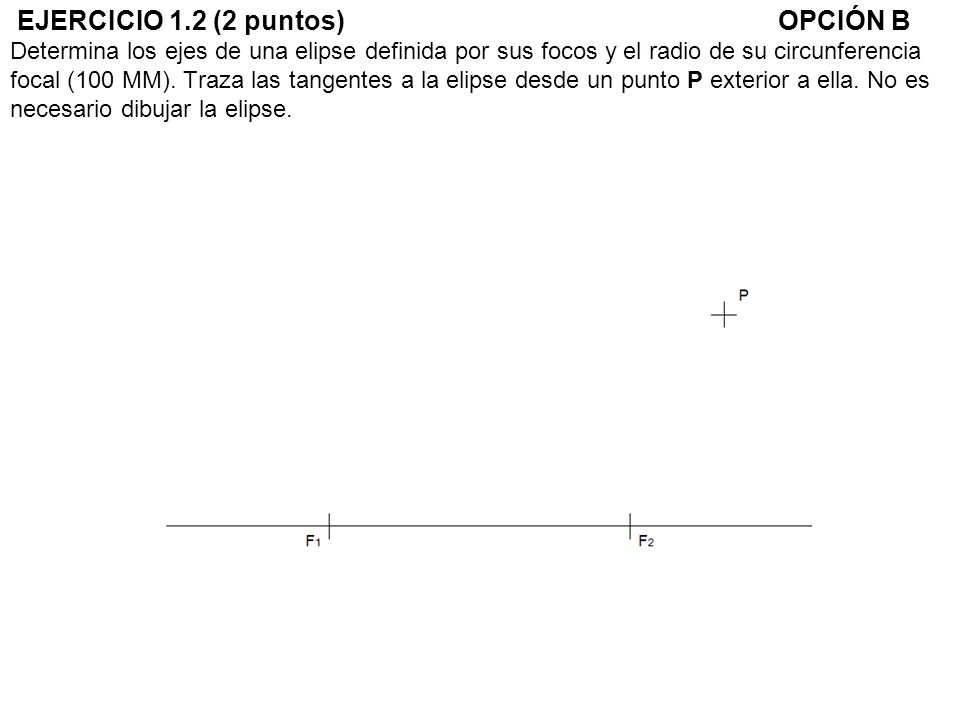 EJERCICIO 1.2 (2 puntos) OPCIÓN B Determina los ejes de una elipse definida por sus focos y el radio de su circunferencia focal (100 MM).