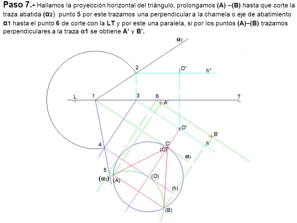 Paso 7.- Hallamos la proyección horizontal del triángulo, prolongamos (A) –(B) hasta que corte la traza abatida (α2) punto 5 por este trazamos una perpendicular a la charnela o eje de abatimiento α1 hasta el punto 6 de corte con la LT y por este una paralela, si por los puntos (A)–(B) trazamos perpendiculares a la traza α1 se obtiene A’ y B’.