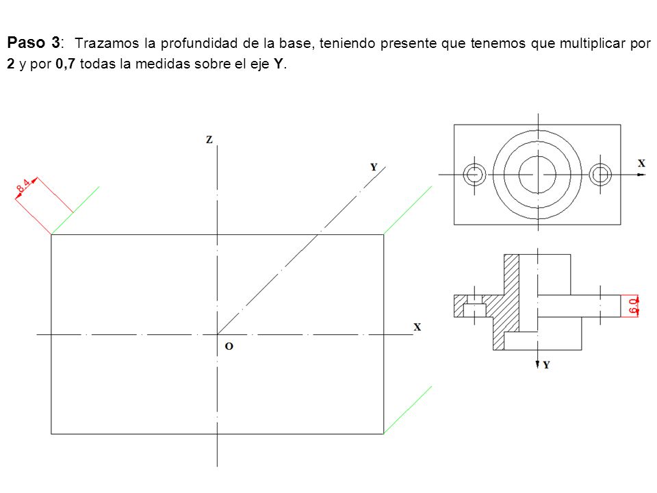 Paso 3: Trazamos la profundidad de la base, teniendo presente que tenemos que multiplicar por 2 y por 0,7 todas la medidas sobre el eje Y.