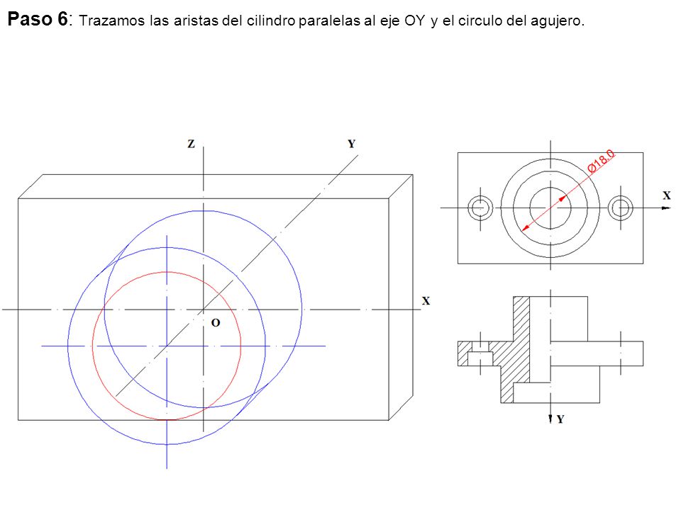 Paso 6: Trazamos las aristas del cilindro paralelas al eje OY y el circulo del agujero.