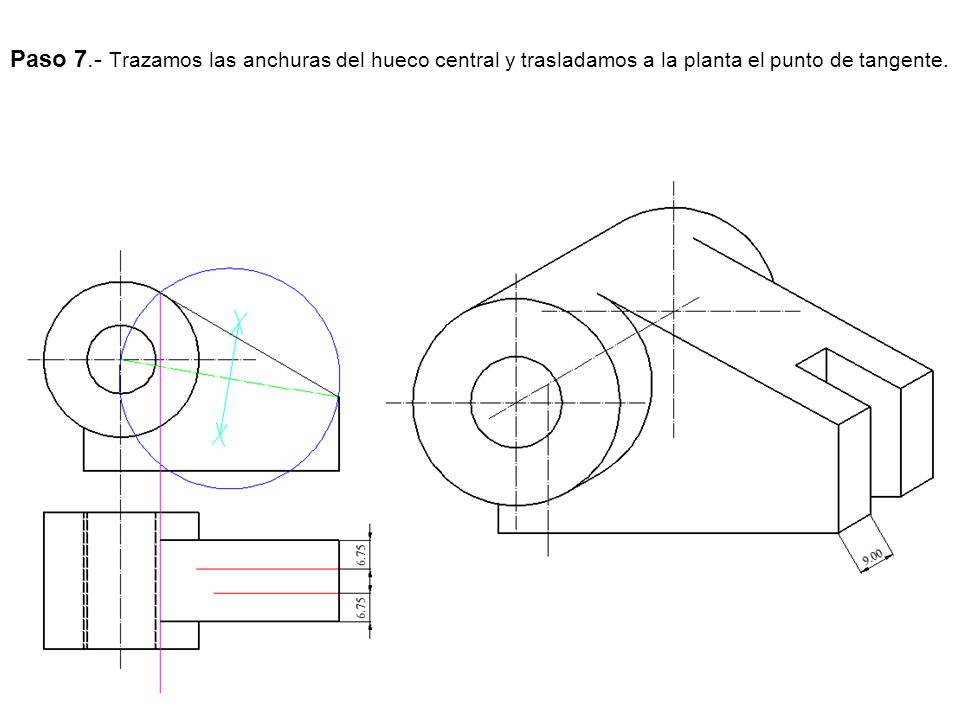 Paso 7.- Trazamos las anchuras del hueco central y trasladamos a la planta el punto de tangente.
