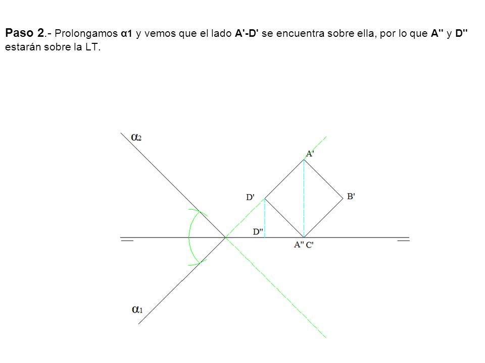 Paso 2.- Prolongamos α1 y vemos que el lado A -D se encuentra sobre ella, por lo que A y D estarán sobre la LT.