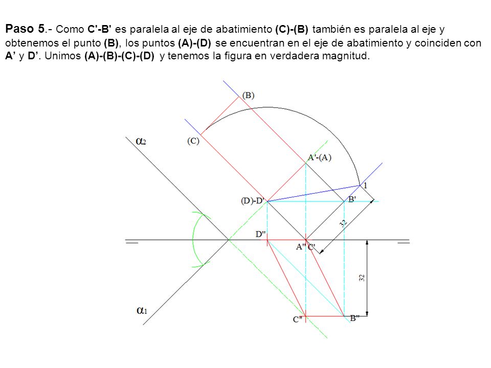 Paso 5.- Como C -B es paralela al eje de abatimiento (C)-(B) también es paralela al eje y obtenemos el punto (B), los puntos (A)-(D) se encuentran en el eje de abatimiento y coinciden con A’ y D’.