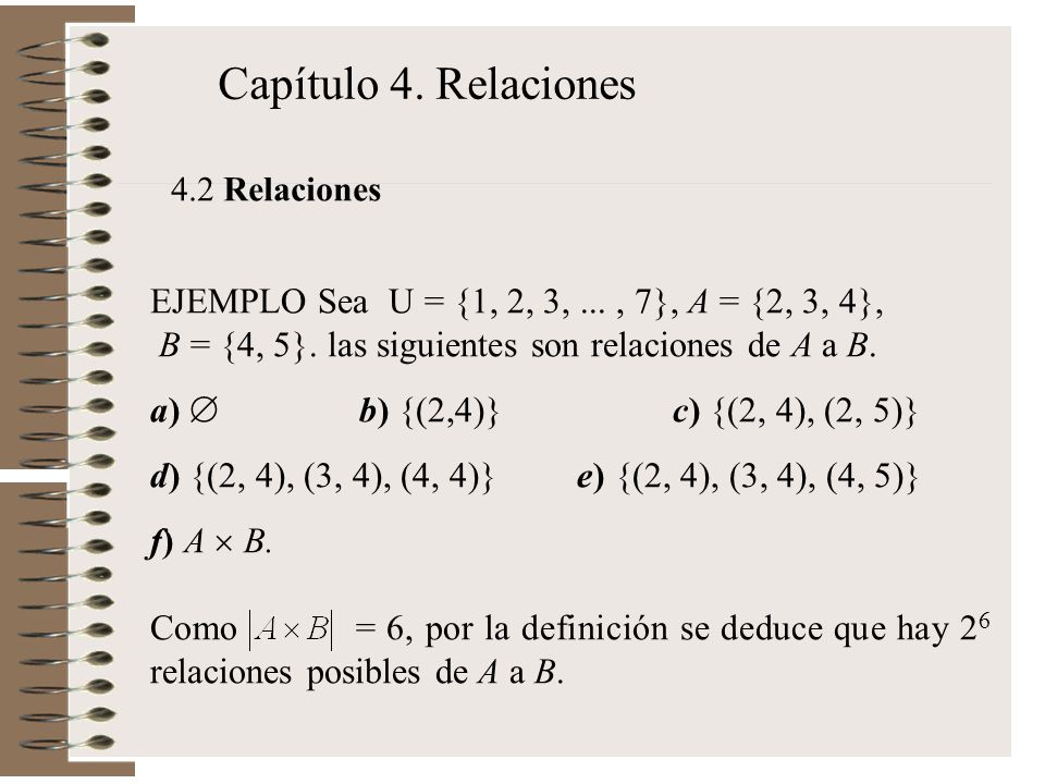 Capítulo 4. Relaciones 4.2 Relaciones. EJEMPLO Sea U = {1, 2, 3, ... , 7}, A = {2, 3, 4}, B = {4, 5}. las siguientes son relaciones de A a B.