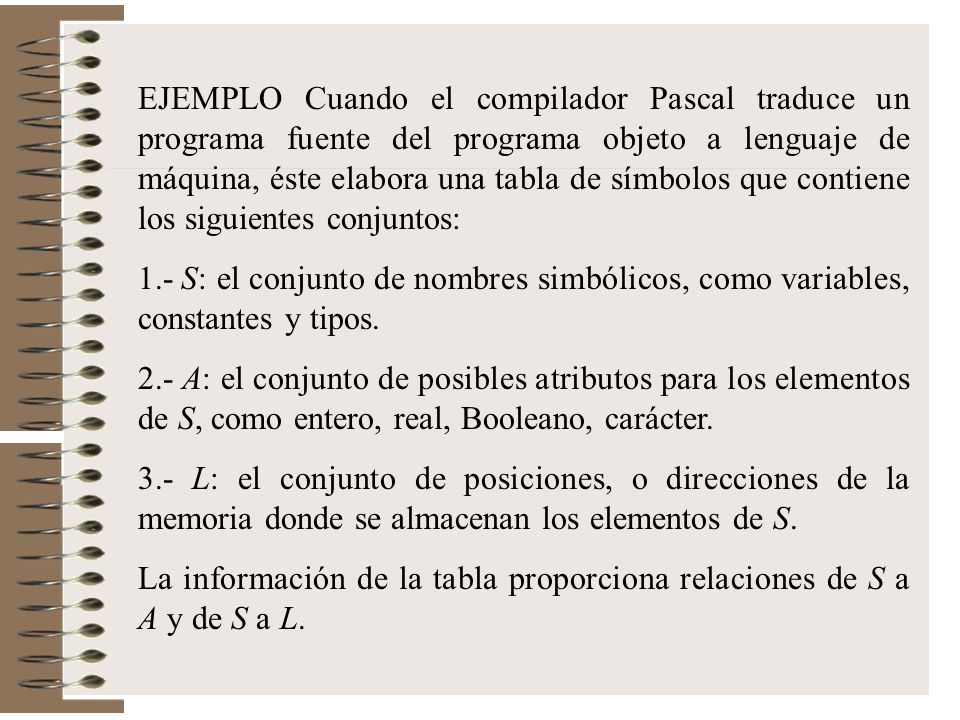 EJEMPLO Cuando el compilador Pascal traduce un programa fuente del programa objeto a lenguaje de máquina, éste elabora una tabla de símbolos que contiene los siguientes conjuntos: