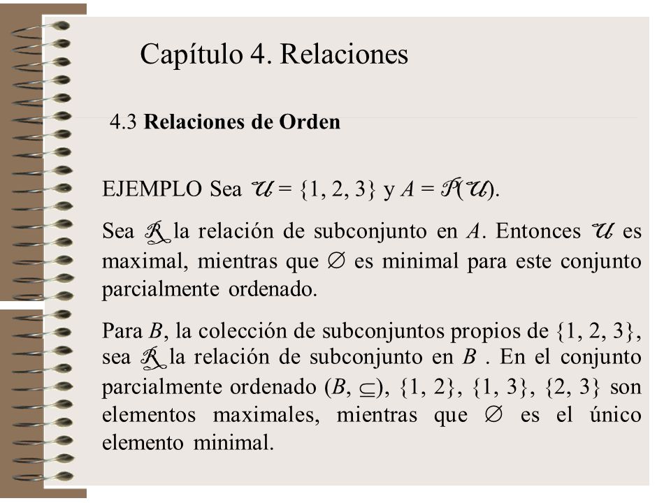 Capítulo 4. Relaciones EJEMPLO Sea U = {1, 2, 3} y A = P(U).