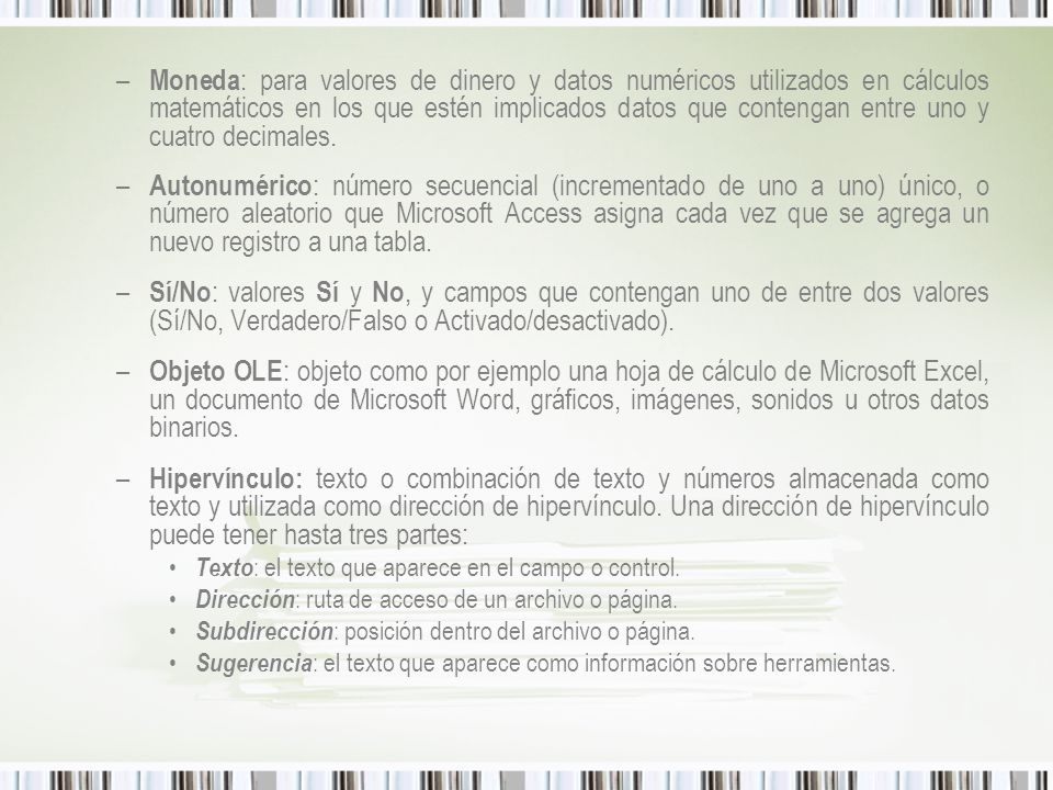 Moneda: para valores de dinero y datos numéricos utilizados en cálculos matemáticos en los que estén implicados datos que contengan entre uno y cuatro decimales.