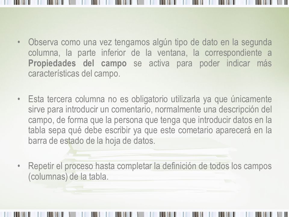 Observa como una vez tengamos algún tipo de dato en la segunda columna, la parte inferior de la ventana, la correspondiente a Propiedades del campo se activa para poder indicar más características del campo.
