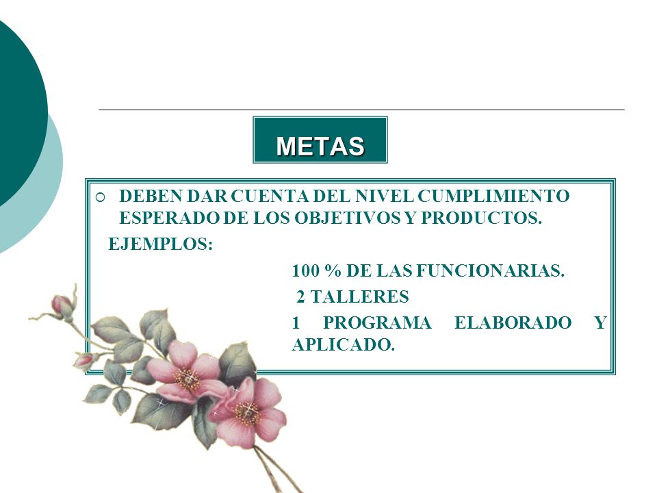 METAS DEBEN DAR CUENTA DEL NIVEL CUMPLIMIENTO ESPERADO DE LOS OBJETIVOS Y PRODUCTOS. EJEMPLOS: 100 % DE LAS FUNCIONARIAS.