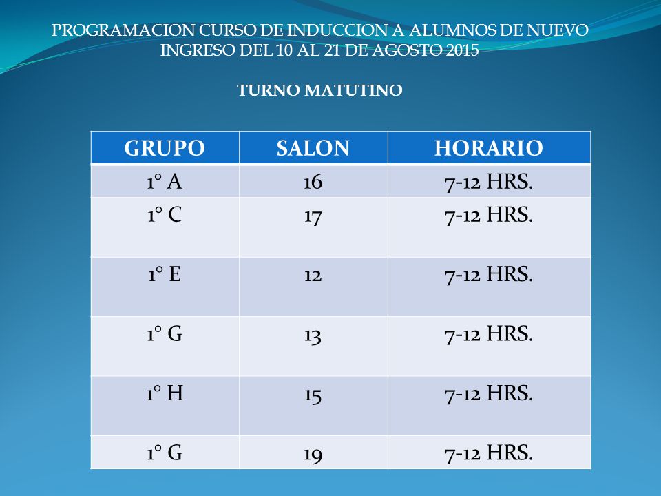 GRUPO SALON HORARIO 1° A HRS. 1° C 17 1° E 12 1° G 13 1° H 15