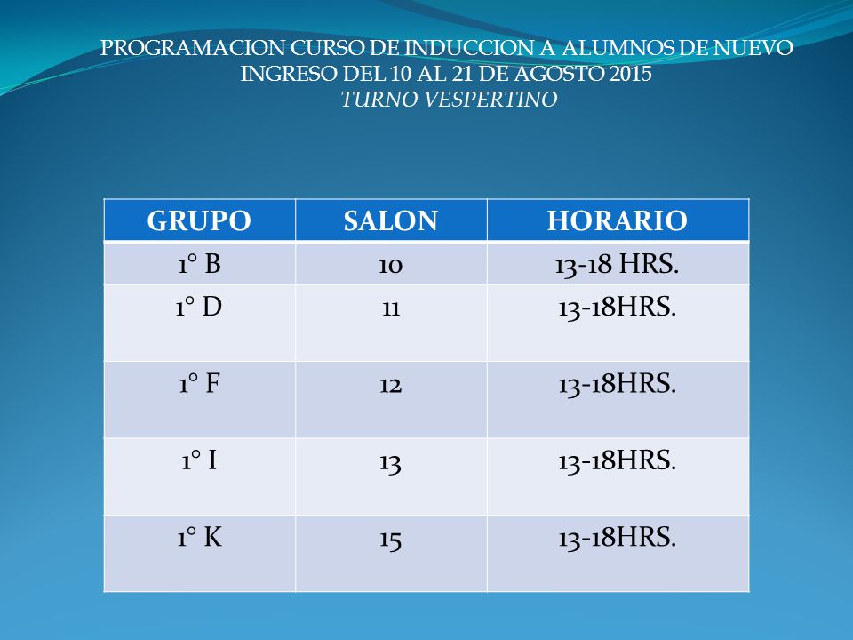 GRUPO SALON HORARIO 1° B HRS. 1° D HRS. 1° F 12 1° I