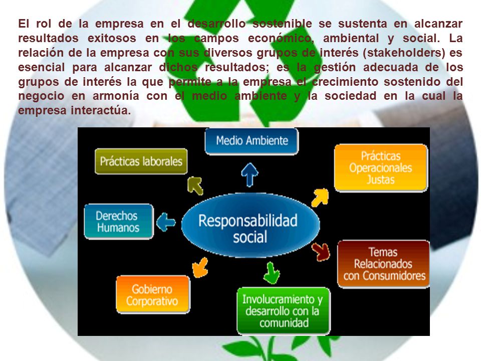 El rol de la empresa en el desarrollo sostenible se sustenta en alcanzar resultados exitosos en los campos económico, ambiental y social.