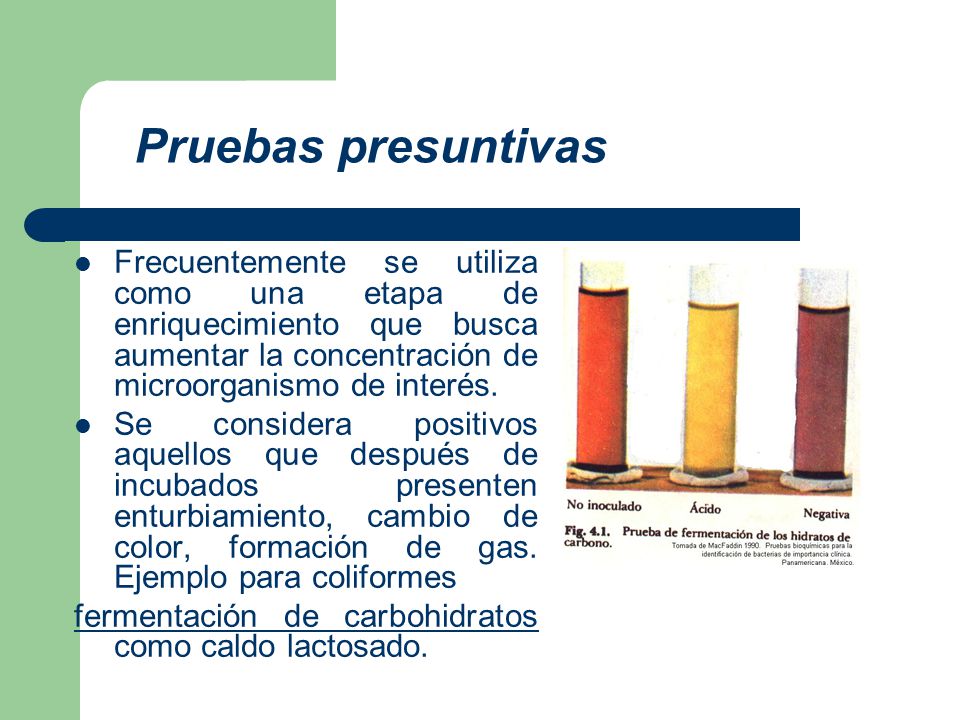Pruebas presuntivas Frecuentemente se utiliza como una etapa de enriquecimiento que busca aumentar la concentración de microorganismo de interés.