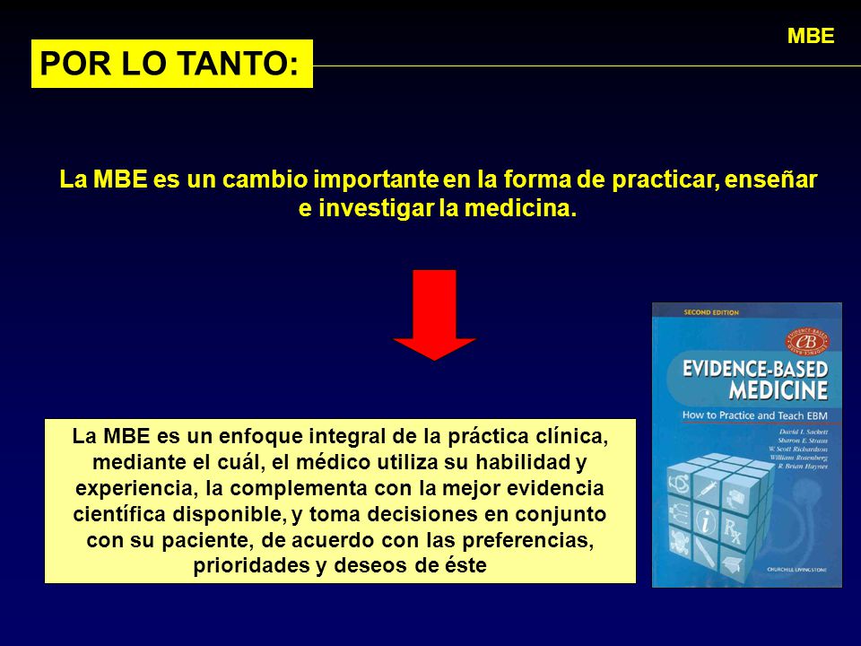 MBE POR LO TANTO: La MBE es un cambio importante en la forma de practicar, enseñar e investigar la medicina.